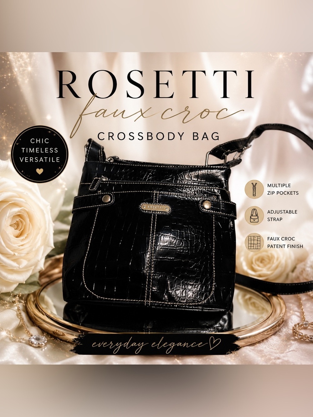 Rossetti Black Croc Embossed Faux Patent Leather Crossbody Bag
